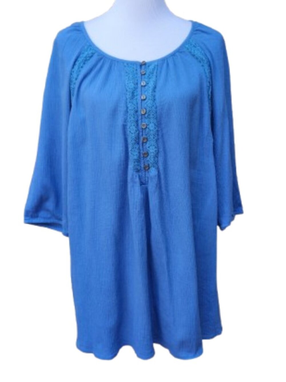 Catherines Plus Blue Crepe Blouse Raglan 3/4 Sleeves Lace Trim Buttons Cotton